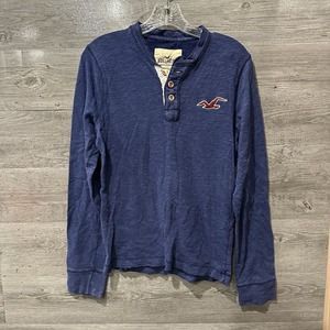 Hollister T Shirt Mens Size Small Blue Henley Long Sleeve Adult Y2K Red Logo